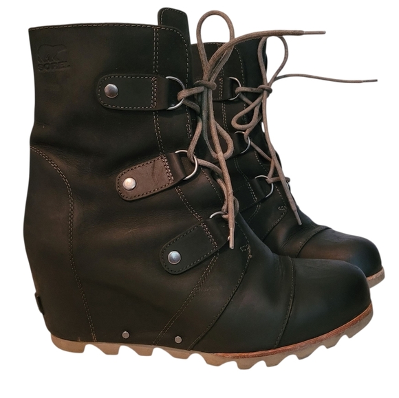 Sorel Joan Of Arctic Black Leather Suede Lace-up Wedge Waterproof Mid Boots 11 - Picture 1 of 14